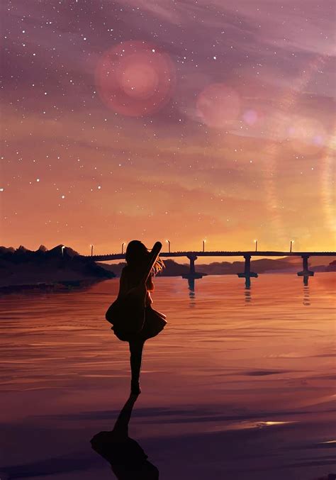 Sunset, anime girls, silhouette, stars, hills, anime, instrument, HD ...