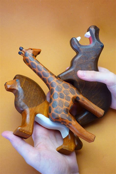 Wooden Safari animals play set Wooden animals figurines Wooden hippo lion giraffe toy Wild ...