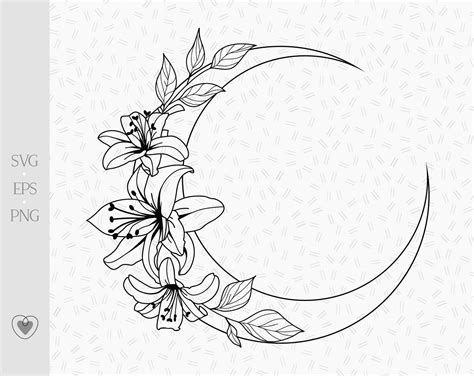 Floral moon svg, lily flower, celestial svg, crescent moon svg, png file in 2021 | Cresent moon ...