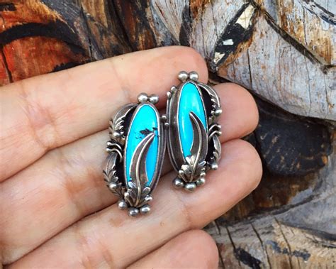 Traditional Navajo Turquoise Earrings with Sterling Silver Feather ...