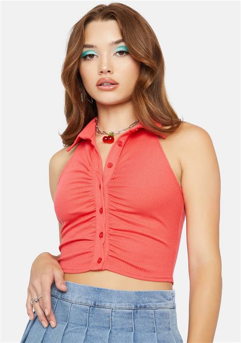 Collared Halter Button Up Crop Top - Red | Crop tops, Tops, Womens tops