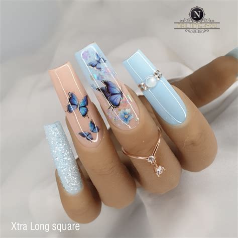 Box False Nails With Blue Butterfly Designs Long Coffin Ballerina Fake Nails Artificial Nail Art ...