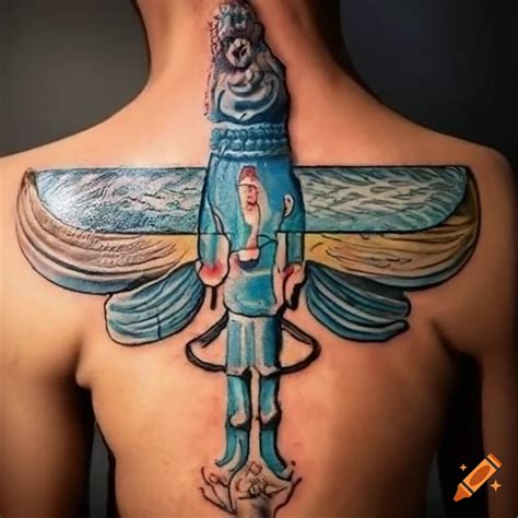 Stone carved faravahar or fravashi tattoo