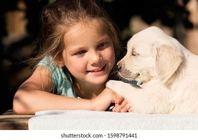 Smiling Baby Girl Golden Retriever Puppy Stock Photo 1598791432 ...