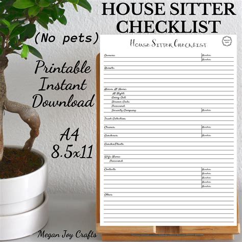 House Sitter Checklist: Printable Instant Download A4 | Etsy