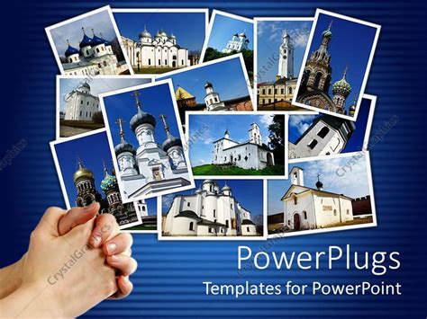 PowerPoint Template: collage of ancient orthodox churches on display on blue background (7304)