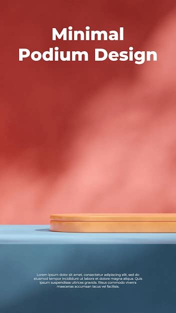 Premium PSD | Red wall and blue floor 3d render image blank mockup orange shape podium in portrait