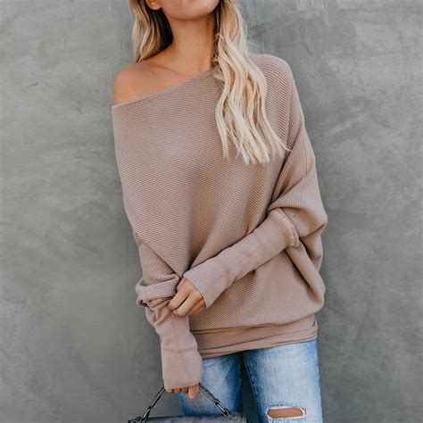 New Kakhi Thin Sweaters Women Long Sleeve One Shoulder Long sleeve Women Knitted Female Pull-in ...