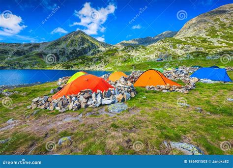 Wild Camping Place with Colorful Tents in the Mountains, Romania Stock ...