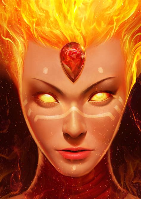 DOTA 2 LINA by ANG-angg female fire genasi demon devil crystal gem ruby jewel flame armor ...