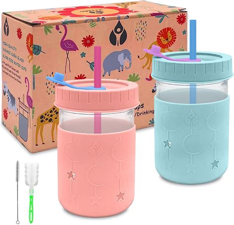 Amazon.com: XccMe Kids Glass Cups with Lids and Straws,Toddler Smoothie Cup,8 oz Glass Mason ...