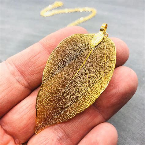 Real Leaf Necklace Gold Filled Natural Leaf Pendant Long | Etsy