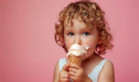 Premium Photo | Happy little child eating ice cream on a hot day simple background studio photo