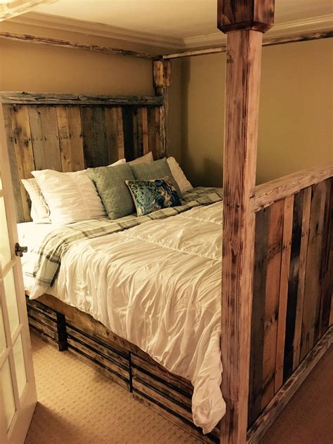 My husband made this king size bed frame out of pallets! Pallet Bed Headboard, Wood Pallet Bed ...