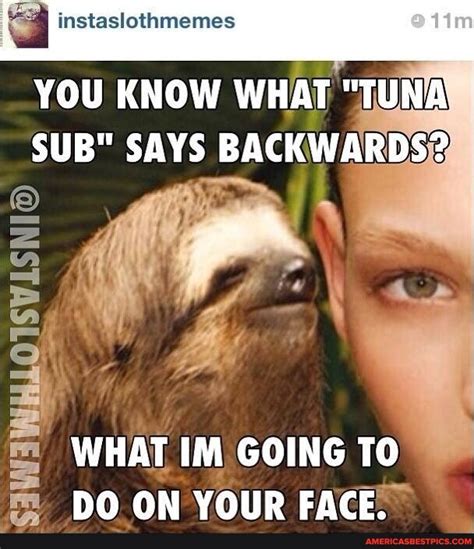 Instaslothmemes YOU KNOW WHAT "TUNA SUB" SAYS BACKWARDS? SIWIWHLOISVISNIO WHAT IM GOING TO DO ON ...