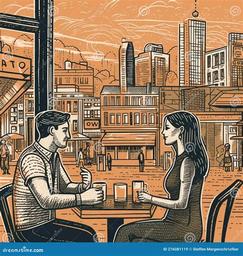 Coffee Shop Conversation with City Background Stock Illustration - Illustration of design ...