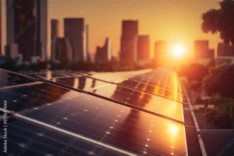 Solar panels outside a big city in the sunset, made with generative ai Stock Illustration ...