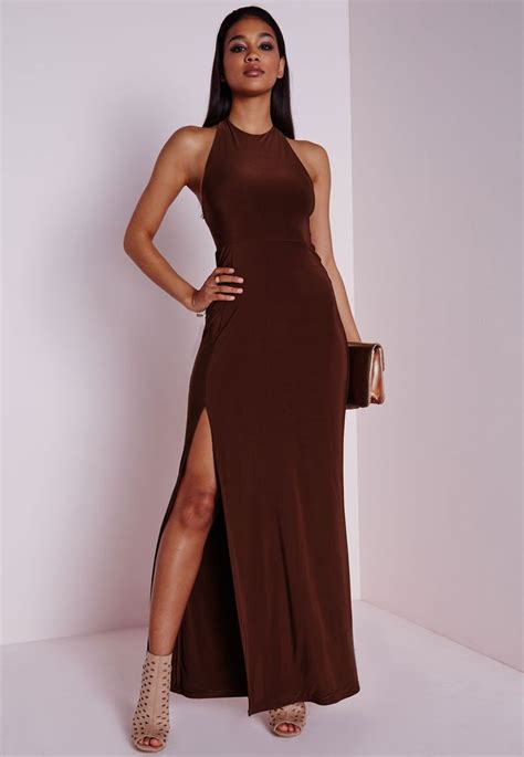 Slinky Side Split Maxi Dress Chocolate Brown - Dresses - Maxi Dresses | Brown maxi dresses, Side ...