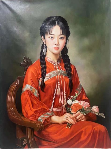 Chinese ancient costume beauty oil painting red ancient costume girl oil painting（xw000008 ...