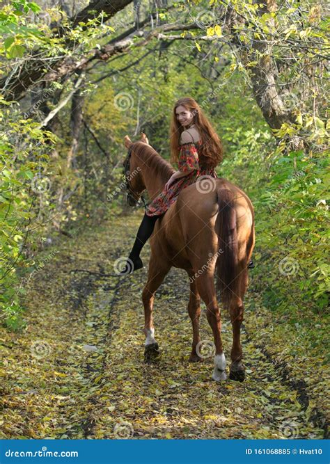 Beautiful Country Girl Bareback Ride Her Horse in Autumn Country Road at Sunset Stock Image ...