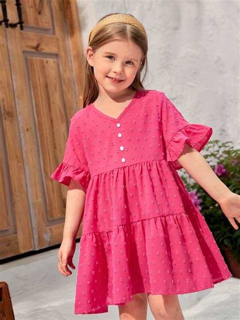 Hot Pink Cute Collar Half Sleeve Woven Fabric Plain Smock Embellished Non-Stretch Toddler Girls ...