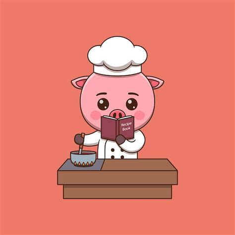 Premium Vector | Cute pig chef cooking while looking at the recipe book