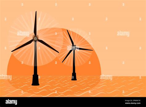 Wind turbine farm on sea at sunset. Wind energy and Renewable resource ...