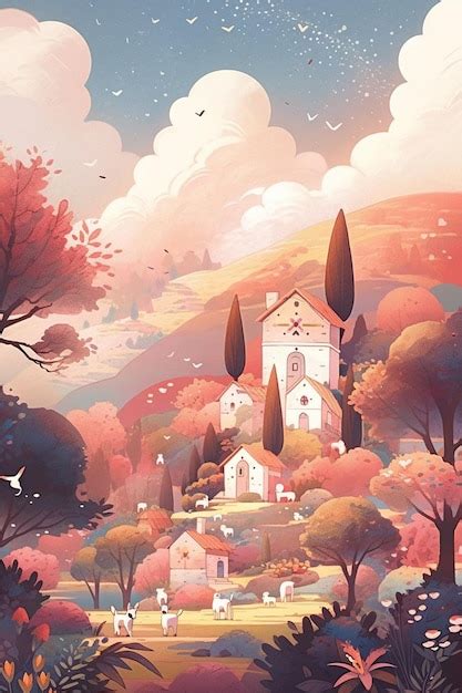 Premium AI Image | A colorful illustration of a church surrounded by trees and a hill with a ...