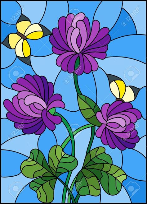 Illustration in stained glass style with bouquet of purple clover and yellow butterflies on a ...