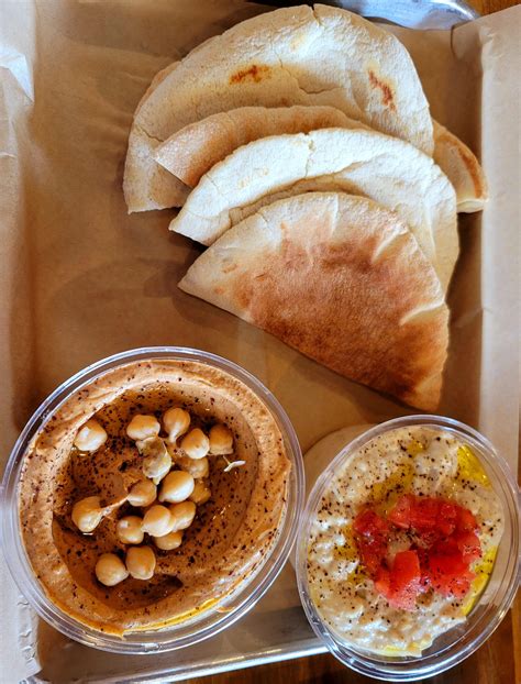 Hummus, Baba Ghanouj, and pita from Yafa Hummus in Tracy, CA : r/hummus