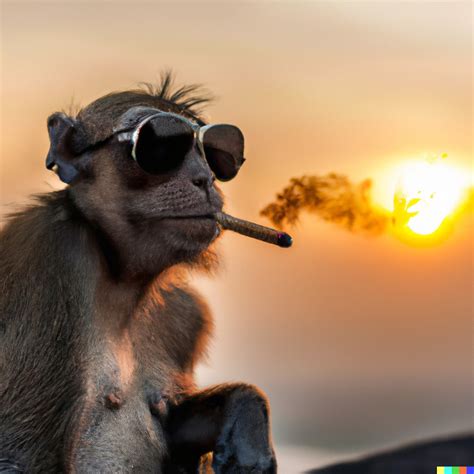 "Monkey with a sunglasses smoking a cigarette and watching the sunset ...