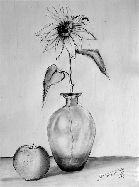 Still Life - Glass Vase with One Sunflower and One Apple Drawing by Jose A Gonzalez Jr - Fine ...