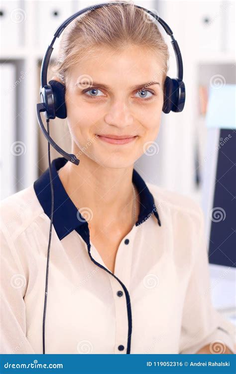 Call Center Operator. Blonde Business Woman in a Headset in White Office with Pc Computer Stock ...