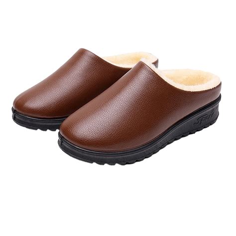 Women's Faux Leather Fur Lined Slippers Fashion Indoor/Outdoor Non-Slip Clog Slipper Cozy Fleece ...