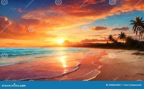 Tropical Sunset on the Beach. Panoramic View Stock Illustration ...