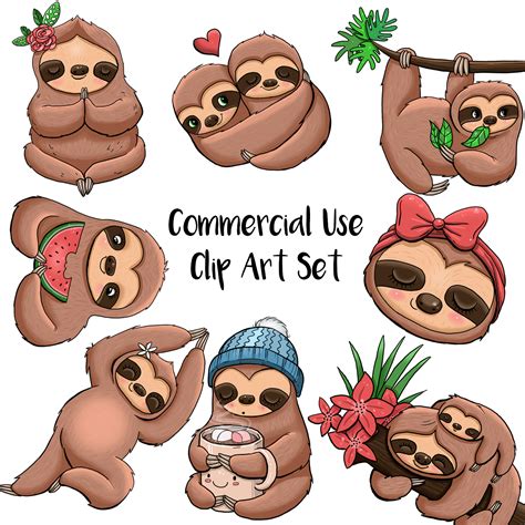 Cute Sloth Clip Art Set For Commercial Use – Color & Line Art PNG ...