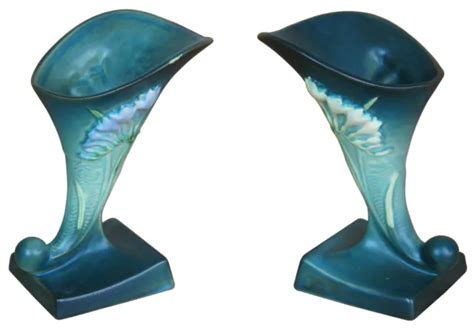 PAIR 1940S ROSEVILLE Freesia Art Pottery Cornucopia Vase 198-8 Forest Green USA $127.50 - PicClick