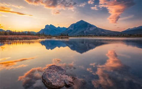 Download wallpapers Vermilion Lakes, Canadian Rockies, sunset ...