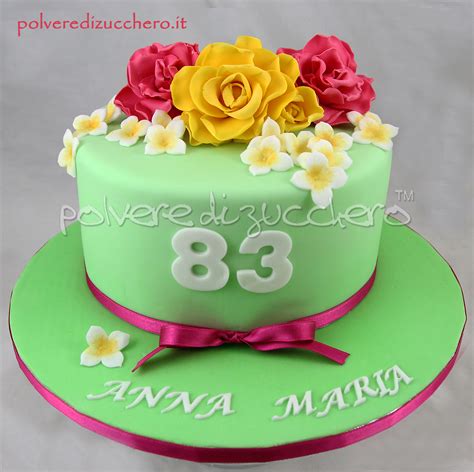 Torta di compleanno con fiori: rose gialle e fucsia in pasta di zucchero | Polvere di Zucchero ...