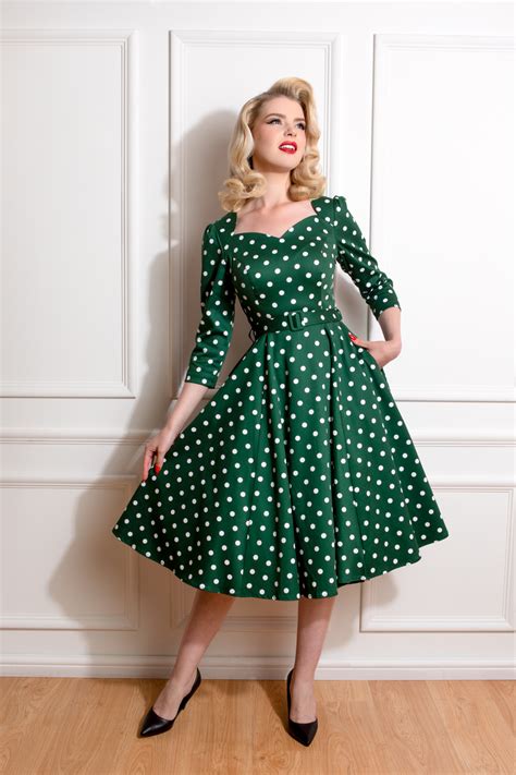 Kylie Green Polka Dot Swing Dress in Green - Hearts & Roses London