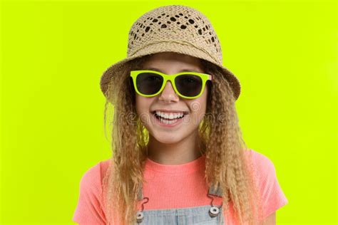 Summer Portrait of Smiling Teen Girl in Straw Hat Sunglasses Over Yellow Studio Background Stock ...