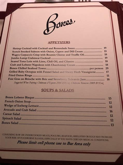 Menu at Bones Restaurant, Atlanta