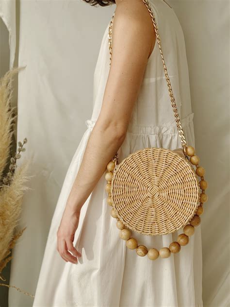 Wicker Round Straw Bag, Woven Circle Crossbody Summer Handbag With ...