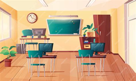 Premium Vector | Computer classroom. cartoon interior with board, clock on the wall, monitor ...
