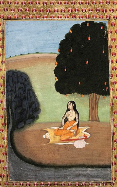 A female yogini (ascetic) is seated on a deer-skin under a mango tree by a river. Though she is ...