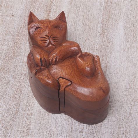 Playful Cat Carved Suar Wood Puzzle Box - Cat at Play | NOVICA