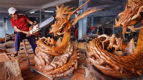 Wood carving - Lord Warrior fighting Dragon - Multiplatform MMORPG Gran Saga Huge Sculpture ...