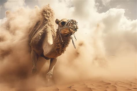 Premium AI Image | Image of camel running in the middle of the desert in a violent sandstorm ...