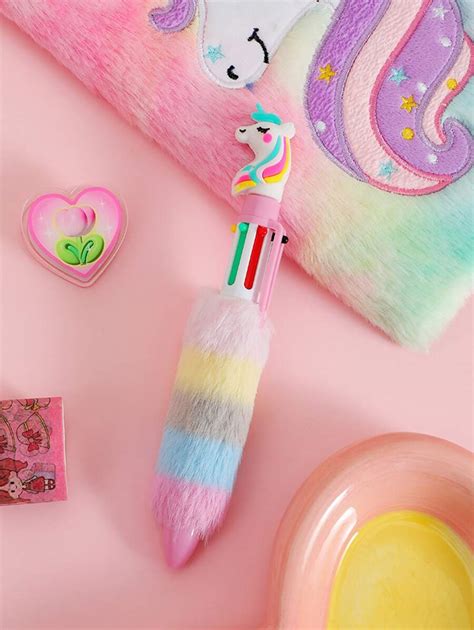 1pc 6 Colors Children's Unicorn Plush Ball-point Pen Student Rainbow Gel Pen Fantastic Cartoon ...