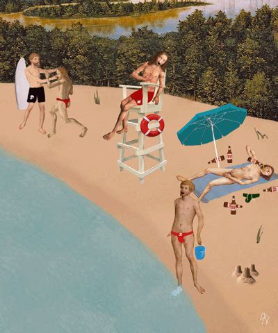 a painting of people on the beach with umbrellas and chairs in the sand ...